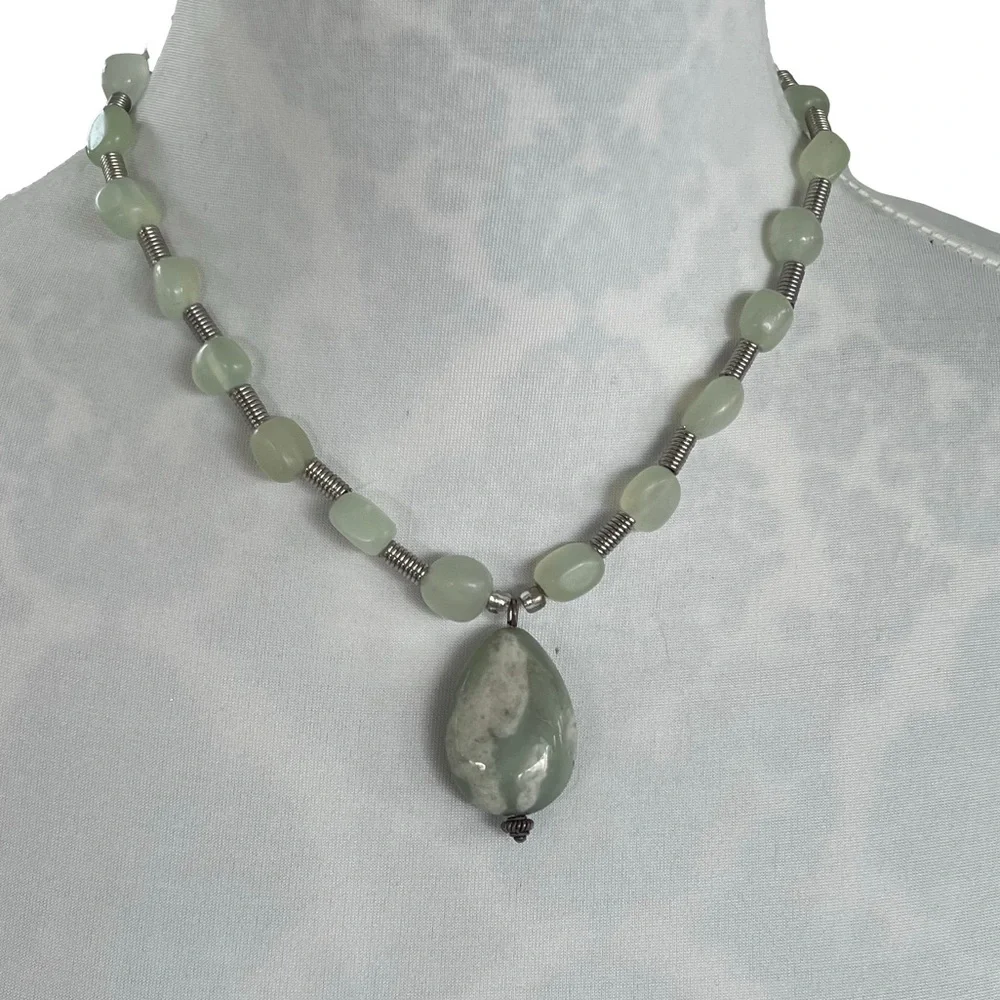 Green Gemstone Beaded Necklace & Earring Set | Drop Pendant & Wire Spacers